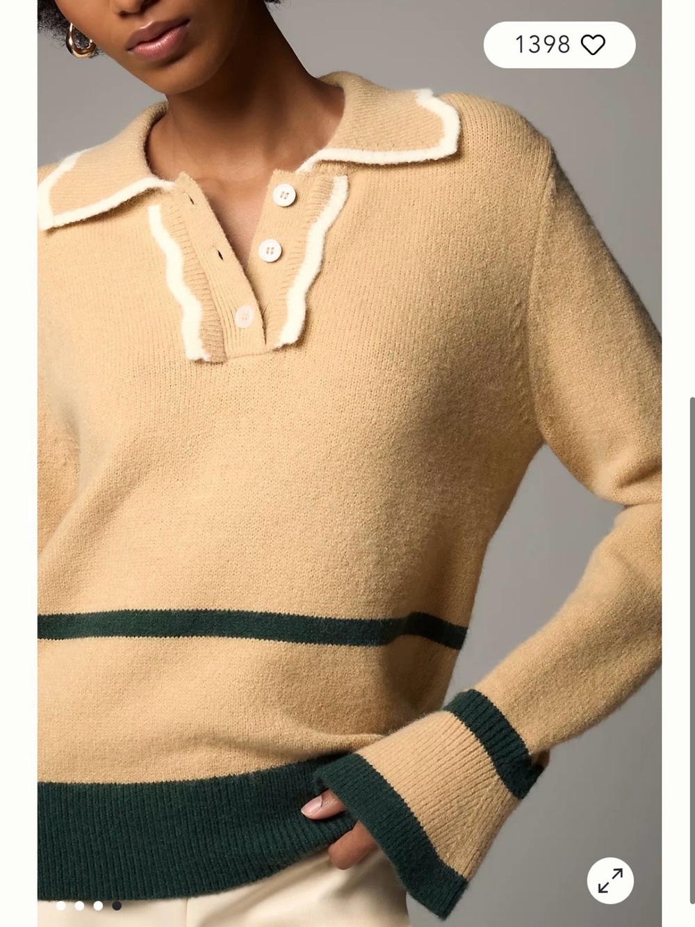 Anthropologie Cream Sweater with Dark Green Trim - Picture 2 of 6